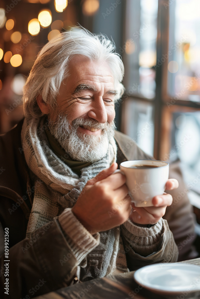 Senior man enjoying a cup of coffee at a cafe, smiling as he savors of his drink. Senior man enjoying a cup of coffee at a cafe, smiling as he savors of his drink.