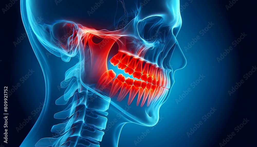 X-ray visualization of human jaw showcasing dental inflammation, Concept of dental care and oral health X-ray visualization of human jaw showcasing dental inflammation, Concept of dental care and oral health