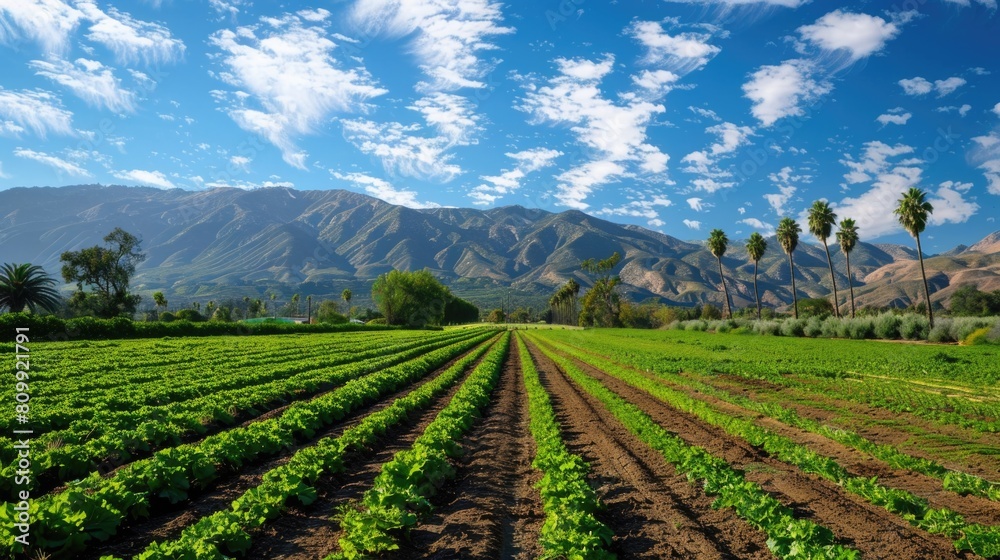 Mountain Farm Landscape in California. Organic Crop Fields with Fertile Land and Blue Skies