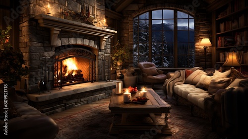 Cozy interiors with fireplaces and warm lighting.