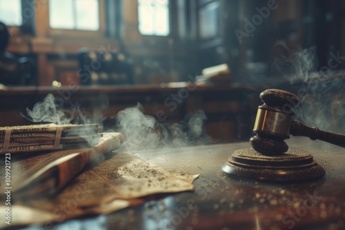 Court Case - Pending Files on the Judge's Table: A Gavel Symbolizing Judicial Work at the Courthouse photo