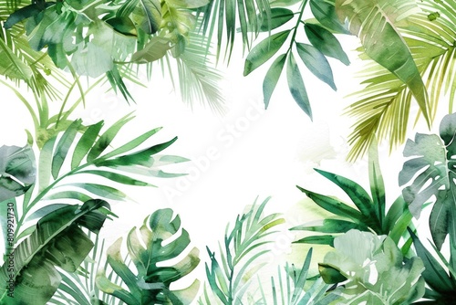 Water Color Tropical. Hand Drawn Exotic Palm Leaves and Jungle Trees in Watercolor Style