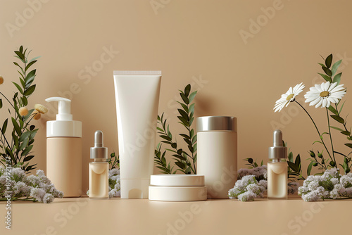 Editorial Mockup for advertising beauty care  composition of boxes and cosmetic bottles. Cosmetics concept  3D render
