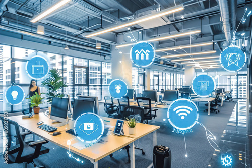 A smart office environment with IoT sensors optimizing energy usage, temperature control, and workspace efficiency.