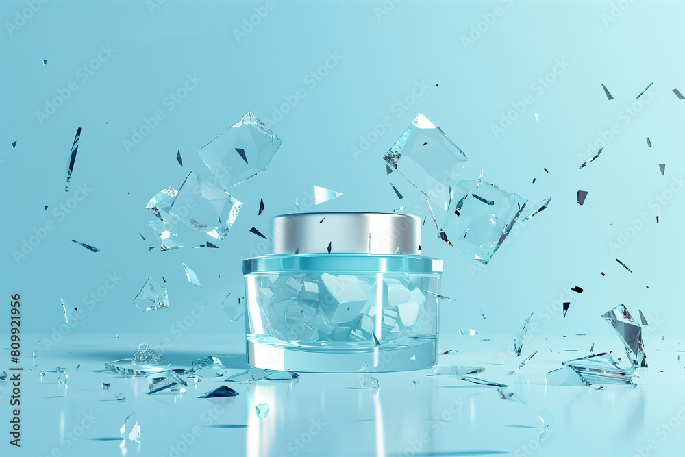 A cosmetic jar in the center with a blue background and broken glass pieces flying around, pastel colors. Minimalist style, 3d render A cosmetic jar in the center with a blue background and broken glass pieces flying around, pastel colors. Minimalist style, 3d render