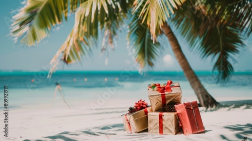Blending holiday traditions, christmas gifts on a sunny tropical beach © alphaspirit