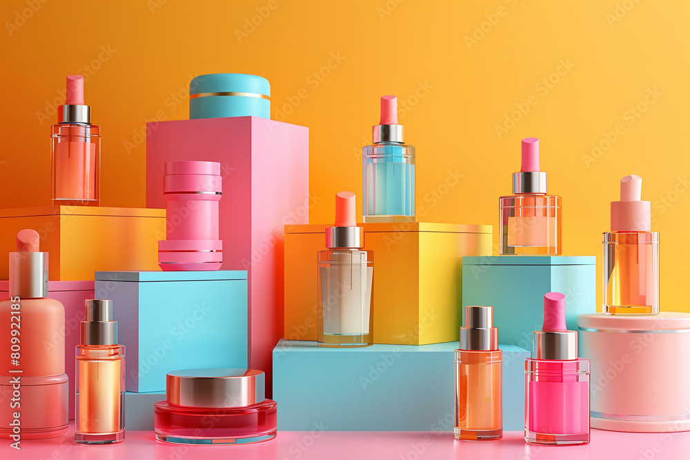 Editorial Mockup for advertising beauty care, composition of boxes and cosmetic bottles. Cosmetics concept, 3D render Editorial Mockup for advertising beauty care, composition of boxes and cosmetic bottles. Cosmetics concept, 3D render