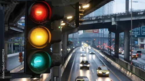 A traffic signal at a highway overpass, with vehicles below in a fast-paced urban setting photo