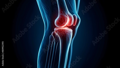 X-ray view of a human knee joint showing inflammation in the bones, Concept of knee pain and osteoarthritis diagnosis
