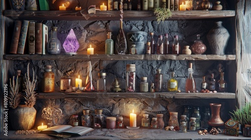 Illustration of occult magic magazine and shelf with various potions, bottles, poisons, crystals, salt. Alchemical medicine concept 