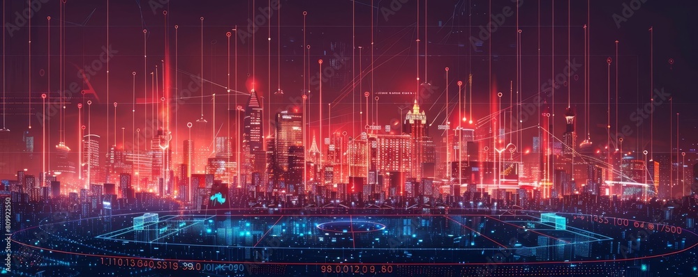 Fototapeta premium A digital painting of a futuristic city at night. The city is full of skyscrapers and bright lights. The sky is dark and there are stars in the distance.