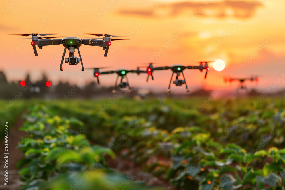 A smart agriculture scene with sensors and drones monitoring crop health and irrigation levels in a field.