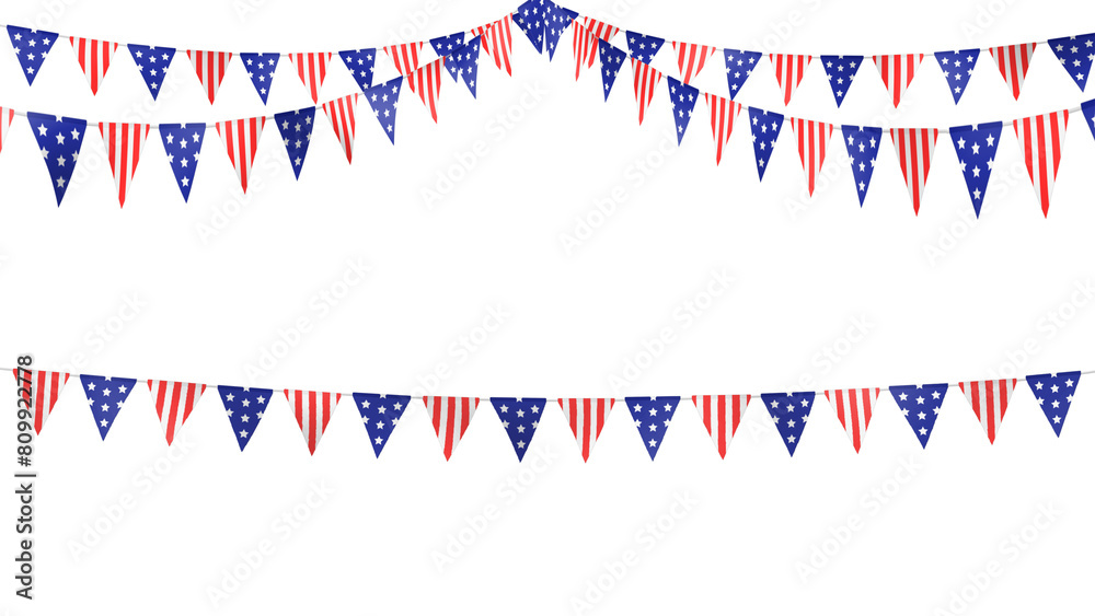 Fototapeta premium Happy Independence Day_American traingle party flags_USA realistic illustration_festive top decoration_ transparent background style A 