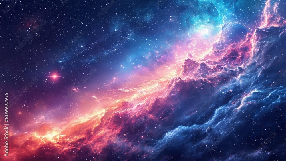 A vibrant cosmic scene with a nebula, stars, and interstellar clouds in various hues of blue and pink, depicting the beauty of outer space. A vibrant cosmic scene with a nebula, stars, and interstellar clouds in various hues of blue and pink, depicting the beauty of outer space.