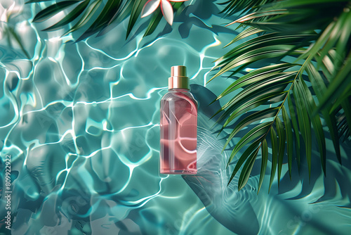 Bottle of cosmetic product near swimming pool, top view. Cosmetics concept, 3D render, empty mock up photo