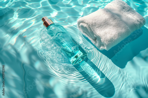 Bottle of cosmetic product near swimming pool, top view. Cosmetics concept, 3D render, empty mock up photo