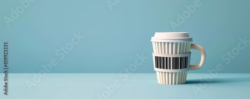 A stylized icon of a coffee cup with a barcode, symbolizing sustainable digital tracking of food products photo