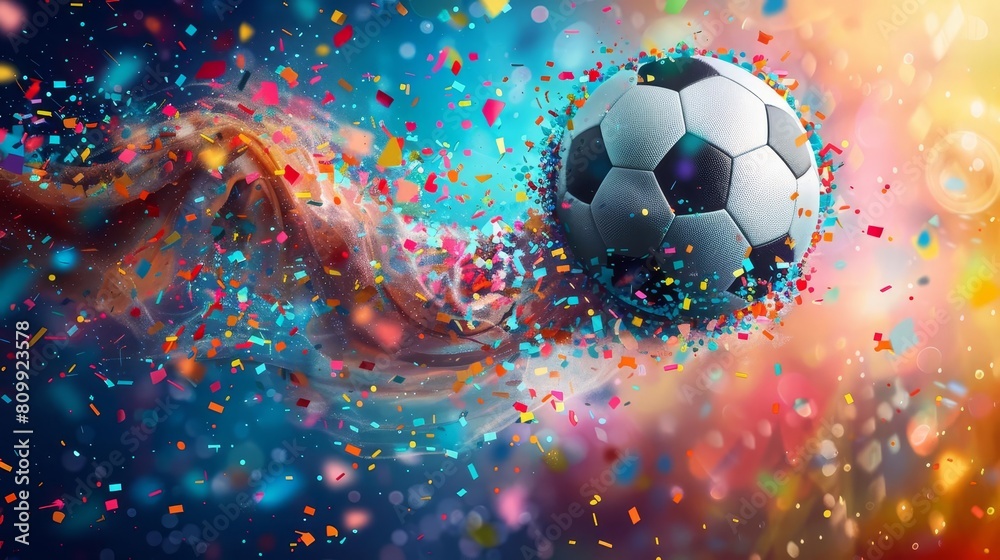 Fototapeta premium A professional photograph of a soccer ball in motion, with a colorful and dynamic background