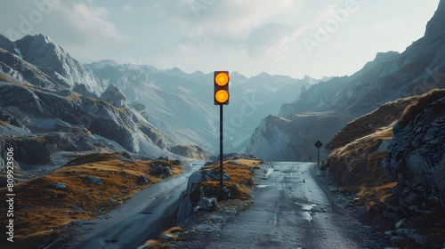 A traffic signal placed at the entrance to a narrow mountain pass, surrounded by rugged terrain photo