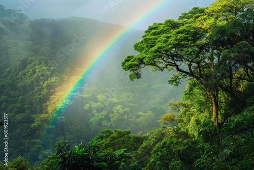 Spectacular Mountain Range with Lush Green Forests and Rainbow.