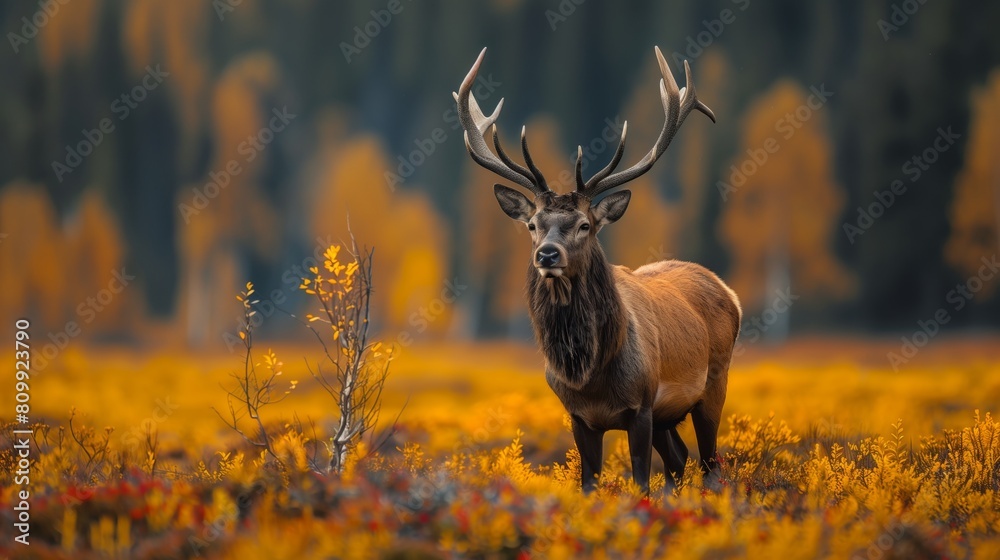 Wild deer with majestic antlers grazing in a grassy field. Generative AI Wild deer with majestic antlers grazing in a grassy field. Generative AI