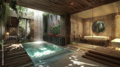 Zen bathroom oasis with lush greenery and wooden accents for a tranquil spa-like ambiance