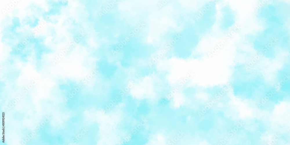 Obraz premium Blue sky with white clouds Abstract nature background of romantic summer. Sunny sky blue light watercolor aquarelle painting brush effect. Fantastic fuzzy and puffy blue sky for design.