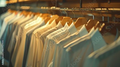 Clothing display in a modern store illuminated by soft warm light, showcasing a selection of stylish shirts and jackets