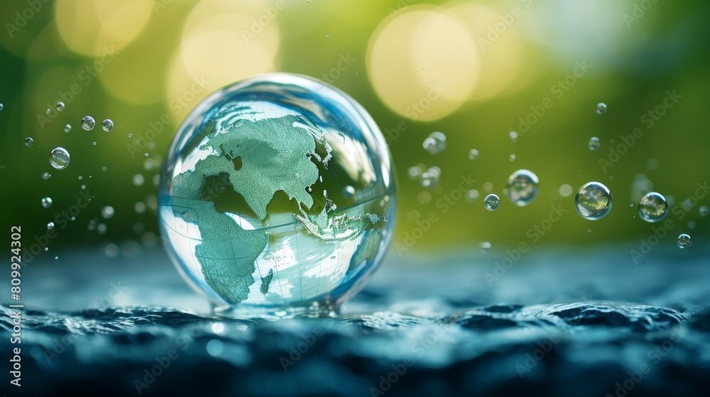 Illustrate a globe with continents depicted through clear water droplets underscoring the purity and essential nature of global water resources.