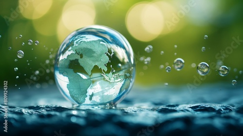 Illustrate a globe with continents depicted through clear water droplets underscoring the purity and essential nature of global water resources.