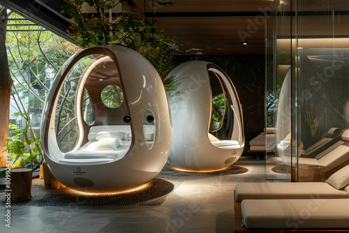 Innovative spa retreat with silent relaxation pods, mood-enhancing lighting, and self-cleaning surfaces  photo