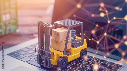 Logistics and supply chain concept depicted with a forklift moving a pallet of boxes on a laptop, representing the global spread of e-commerce photo