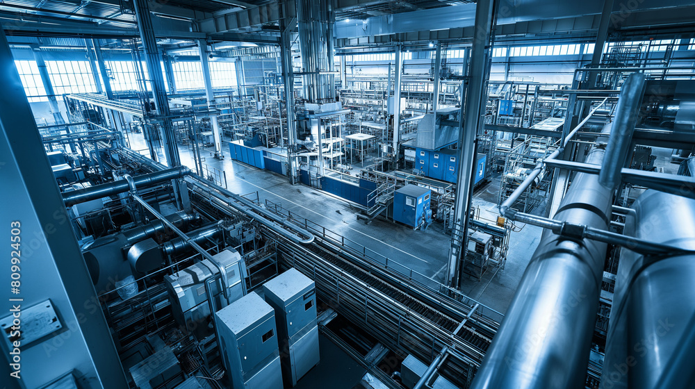 Industrial IoT setup in a large factory, network of sensors and machines interconnected Industrial IoT setup in a large factory, network of sensors and machines interconnected