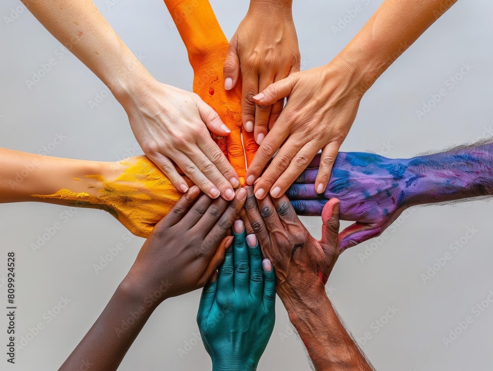 A group of diverse hands, painted in different colors, come together to ...