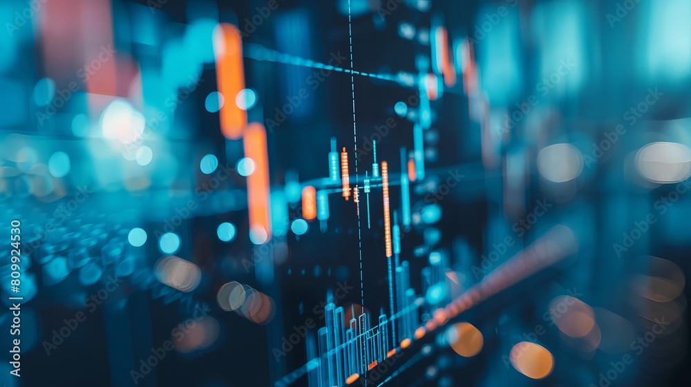 Macro close-up of a stock market investment trading chart displayed in blue, analyzing data with candlestick graphs Macro close-up of a stock market investment trading chart displayed in blue, analyzing data with candlestick graphs
