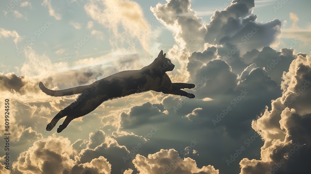 Fototapeta A cat is flying through the sky, surrounded by clouds