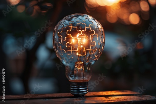 Creative lightbulb made of glass puzzle pieces illuminated from within, set against a warm bokeh backdrop