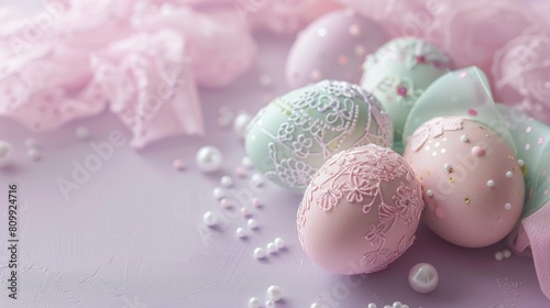 Elegant pastel Easter eggs decorated with lace and pearls  perfect for festive springtime celebrations