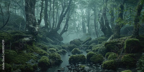 Ancient Trees in Eerie and Misty Forest: Mysterious Atmosphere with Moss-Covered Rocks
