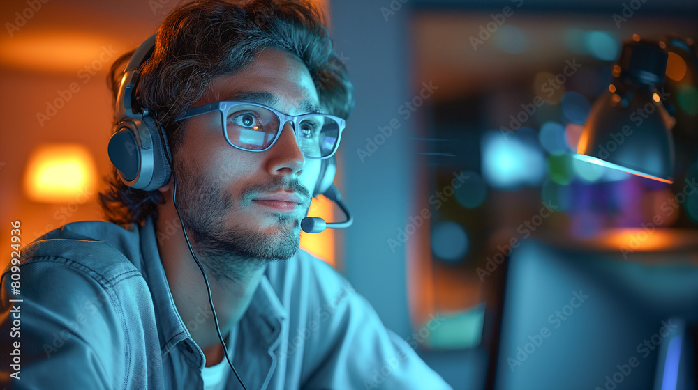 Portrait of a young man in a call center wearing a telephone headset talking on the line, working in technical support at night. Portrait of a young man in a call center wearing a telephone headset talking on the line, working in technical support at night.