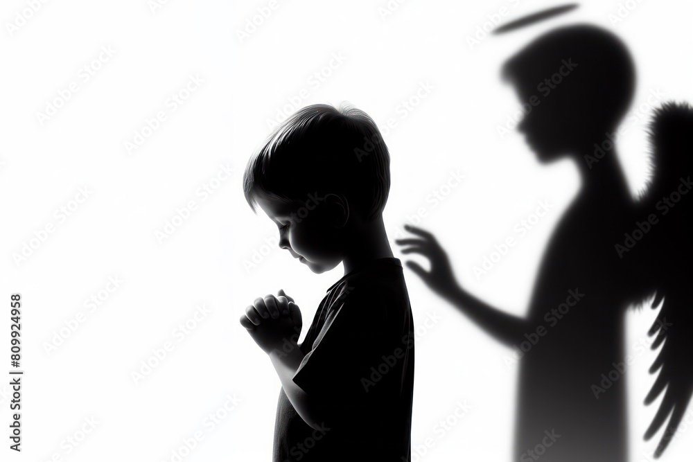 child with his shadow as an angel silhouette isolated on white background child with his shadow as an angel silhouette isolated on white background