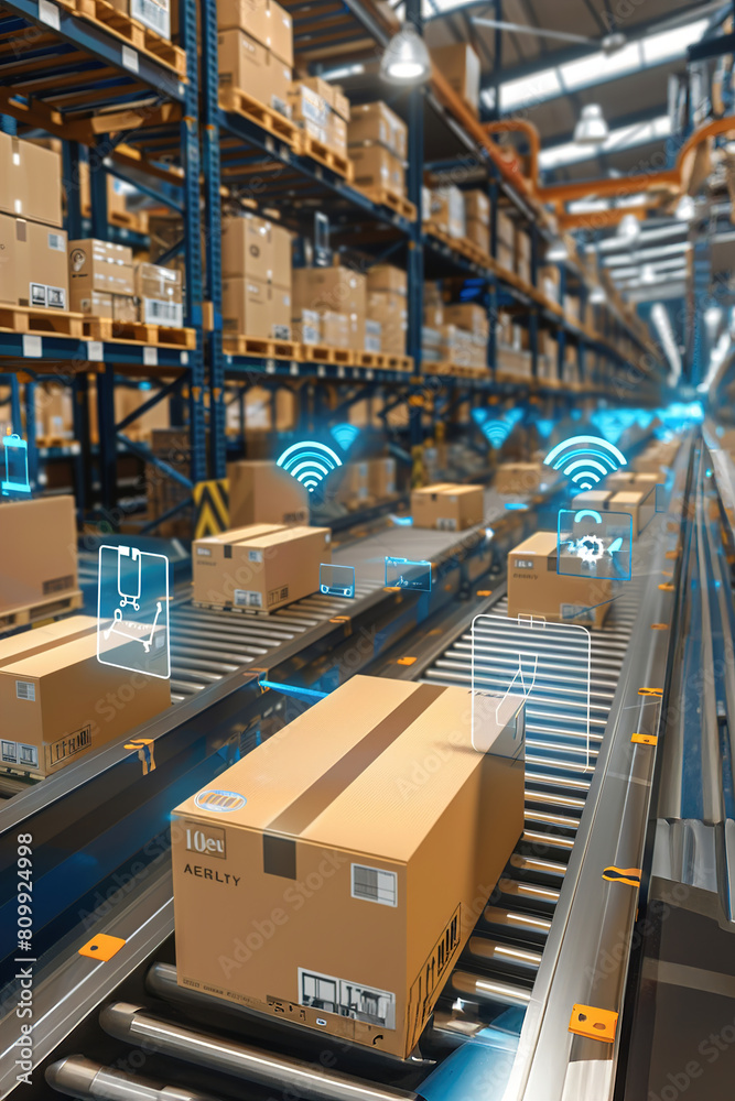 A logistics warehouse with IoT technology tracking inventory and order fulfillment processes.