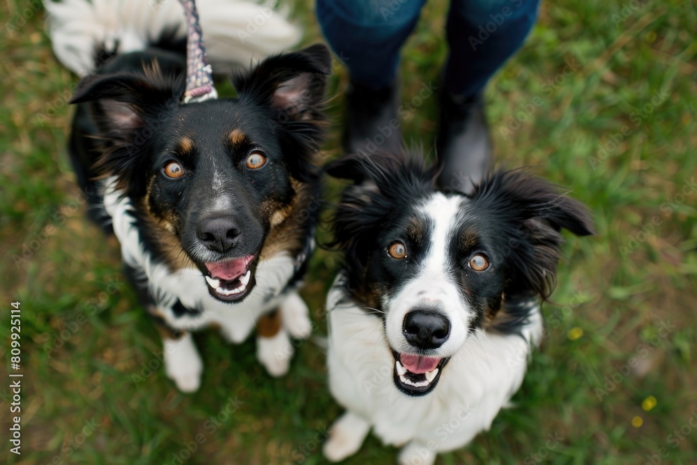 Dogs Outdoors. Two Cute Happy Dogs Sit in Spring Green Grass, Loyally Gazing at Their Owner Dogs Outdoors. Two Cute Happy Dogs Sit in Spring Green Grass, Loyally Gazing at Their Owner