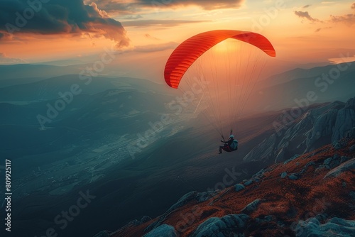 A serene scene with a paraglider flying over a tranquil mountain landscape at sunset