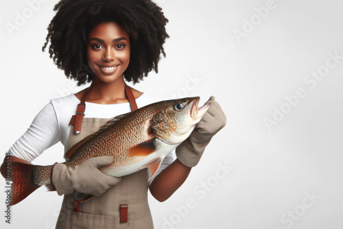 fishmonger black woman holding a large fish on a white background photo
