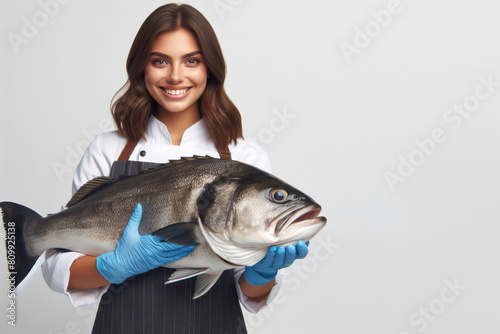 fishmonger woman holding a large fish on a white background photo