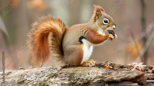 American Red Squirrel standing on log, profile view, eating a pine cone, looking inquisitive, alert and watchful.