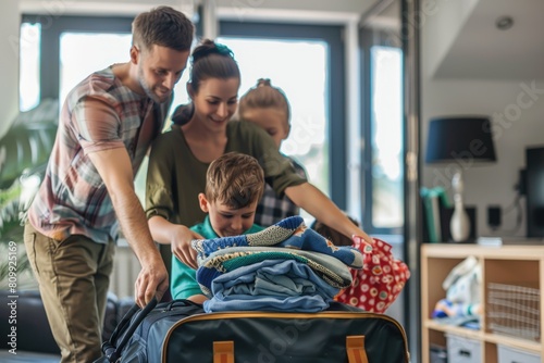 Vacation With Family. Parents Packing for Holiday Trip with Two Children