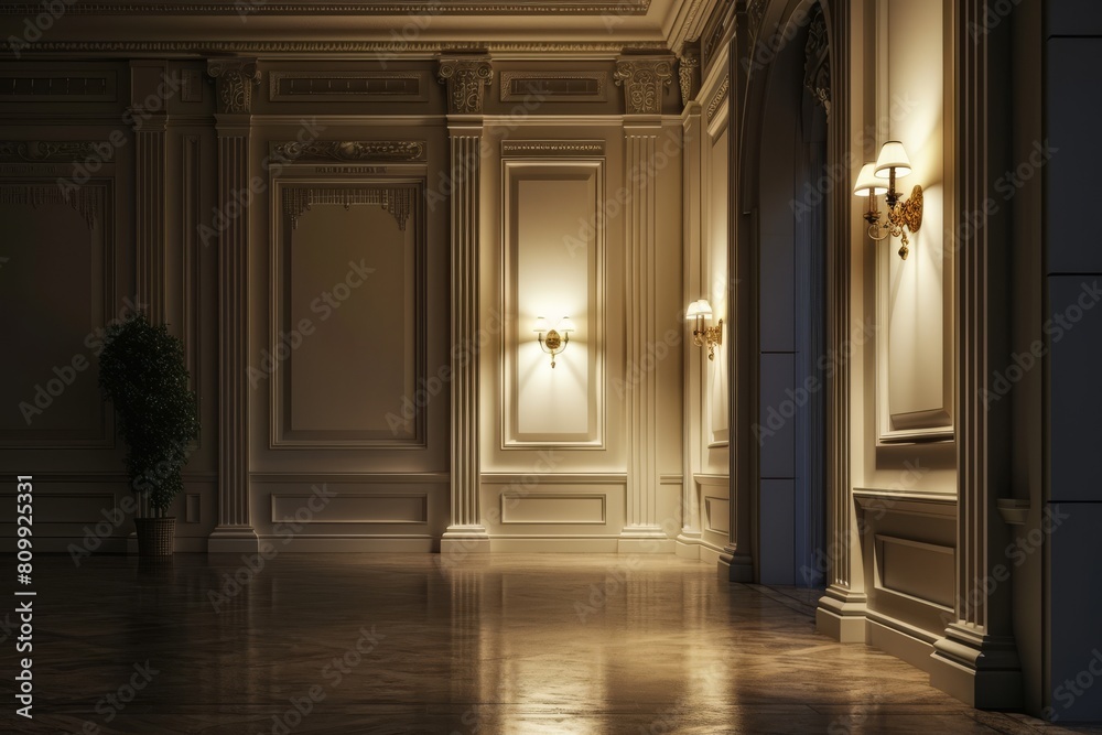 Wall and copy space in an empty elegant room at night, Empty elegant dark room at night with copy space concept, Ai generated