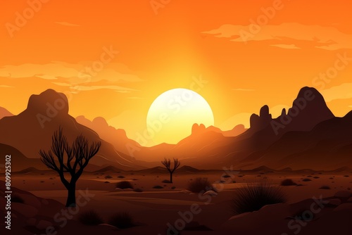 Scenic view of a tranquil desert at sunset with silhouetted rock formations